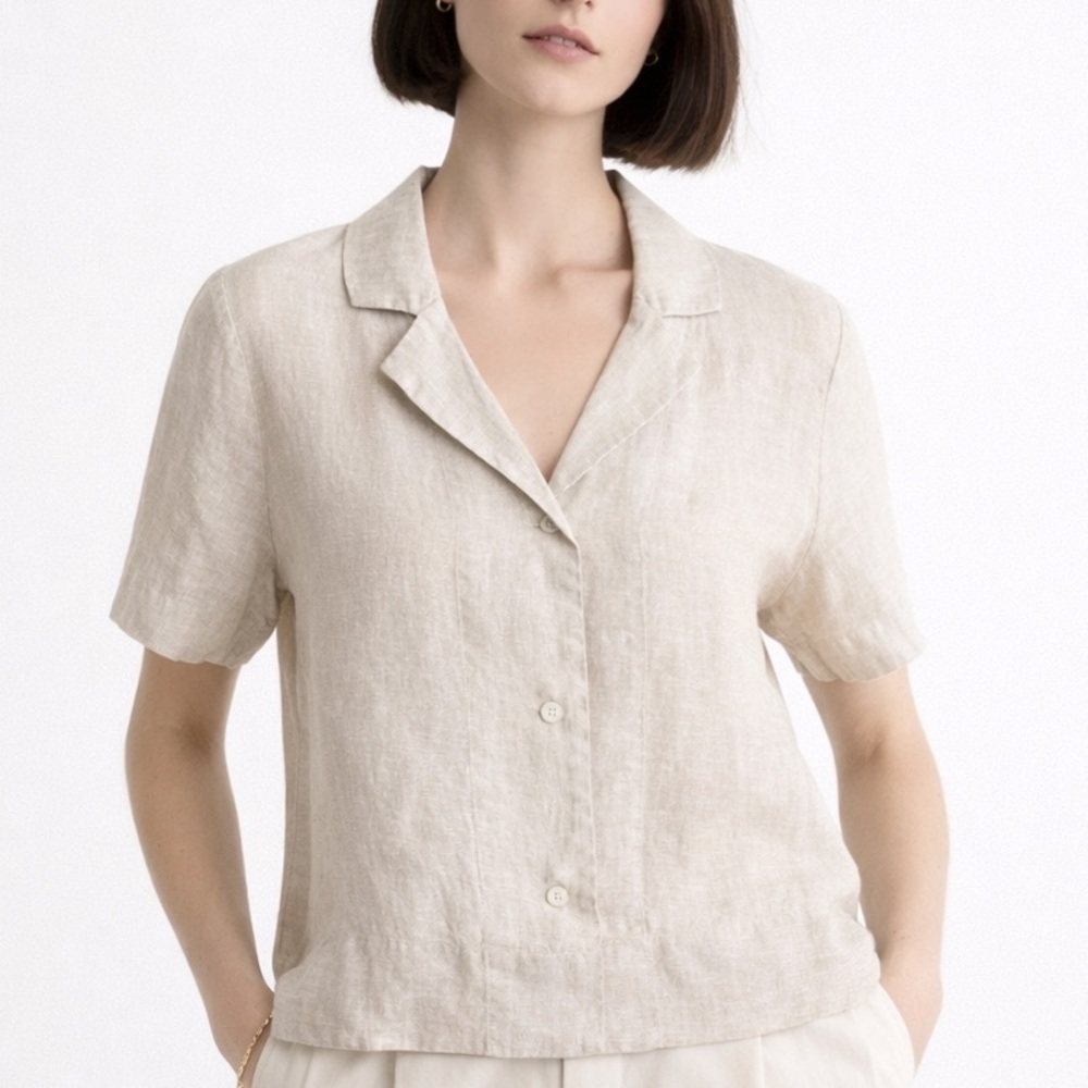 Quince Beige Linen Short-Sleeve Button-Down Shirt